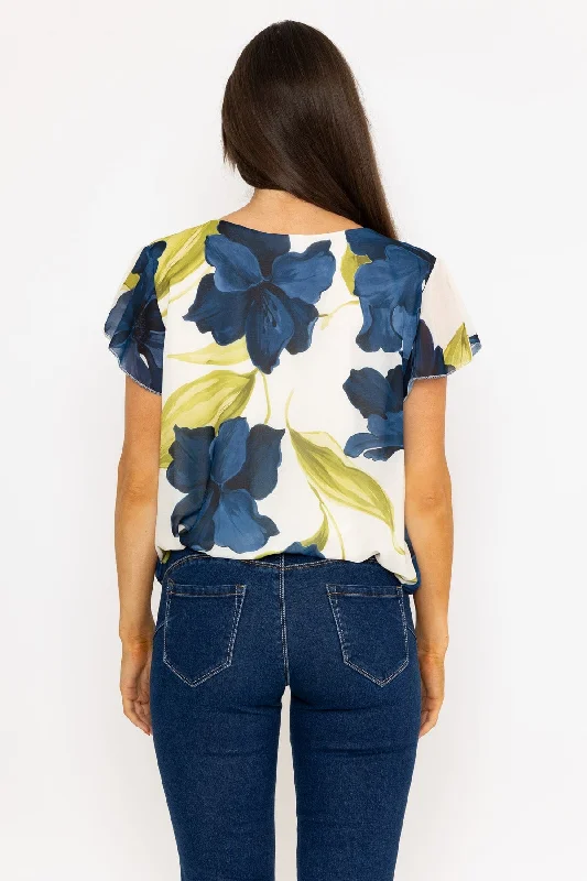 Short Sleeve Navy Printed Blouse With Tie Neck