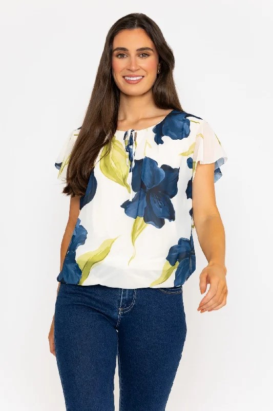 Short Sleeve Navy Printed Blouse With Tie Neck