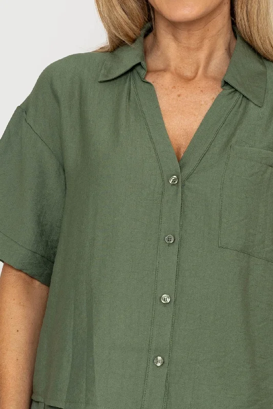 Short Sleeve V-Neck Khaki Shirt