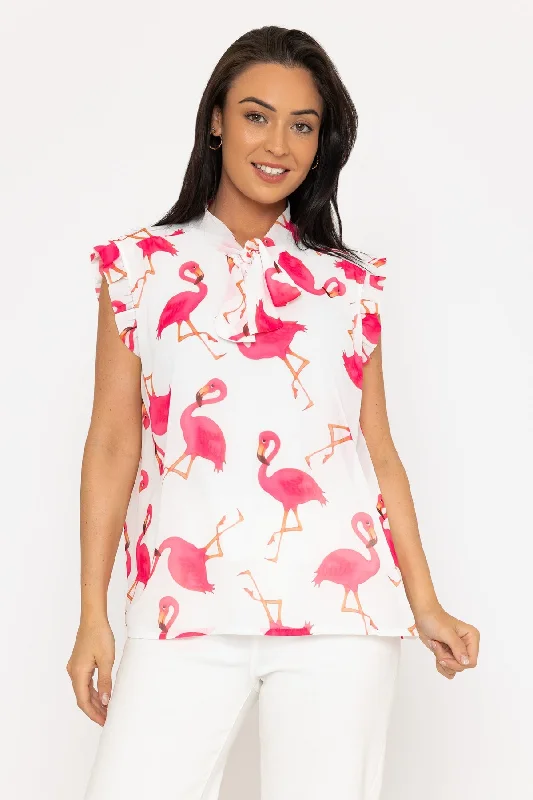 Sleeveless Flamingo Print Ruffle Tie Top