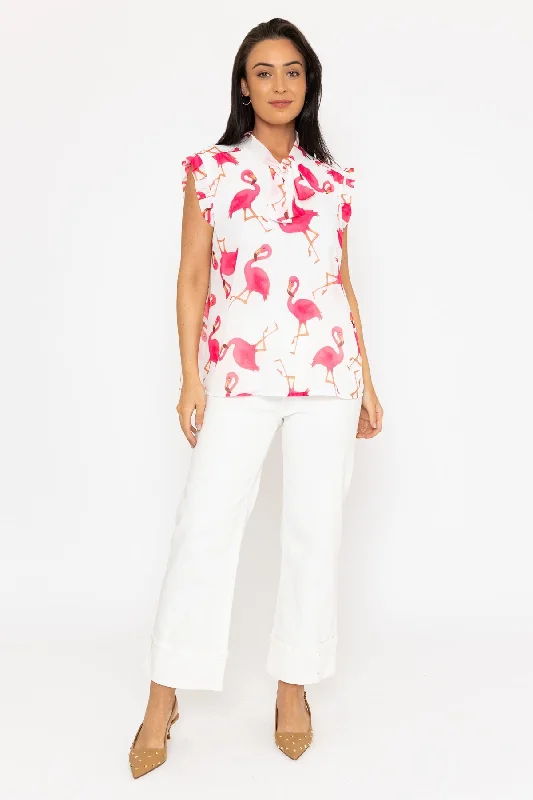 Sleeveless Flamingo Print Ruffle Tie Top