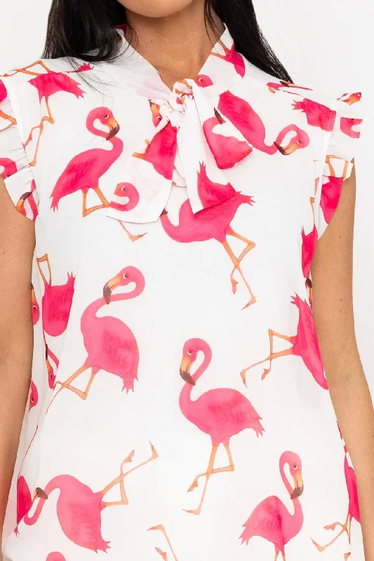 Sleeveless Flamingo Print Ruffle Tie Top