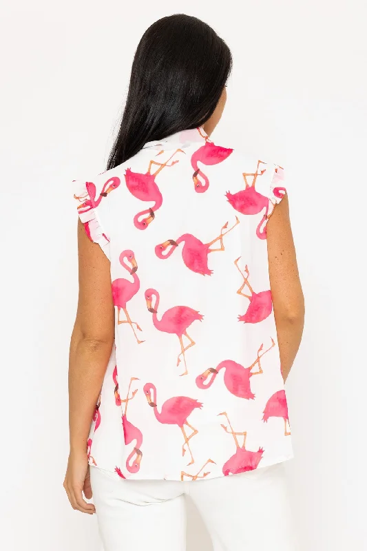 Sleeveless Flamingo Print Ruffle Tie Top