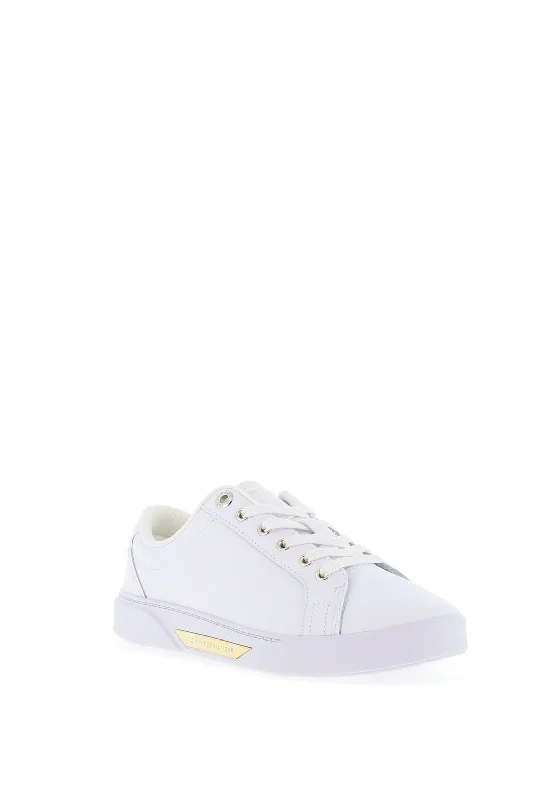 Tommy Hilfiger Womens Smooth Leather Court Trainers, White & Gold