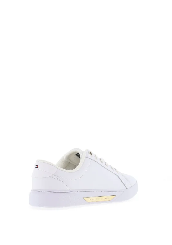 Tommy Hilfiger Womens Smooth Leather Court Trainers, White & Gold