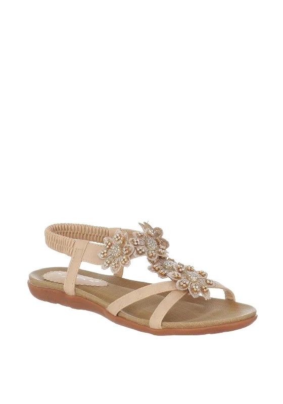 Lunar Fiji Embellished Flower Sandals, Beige