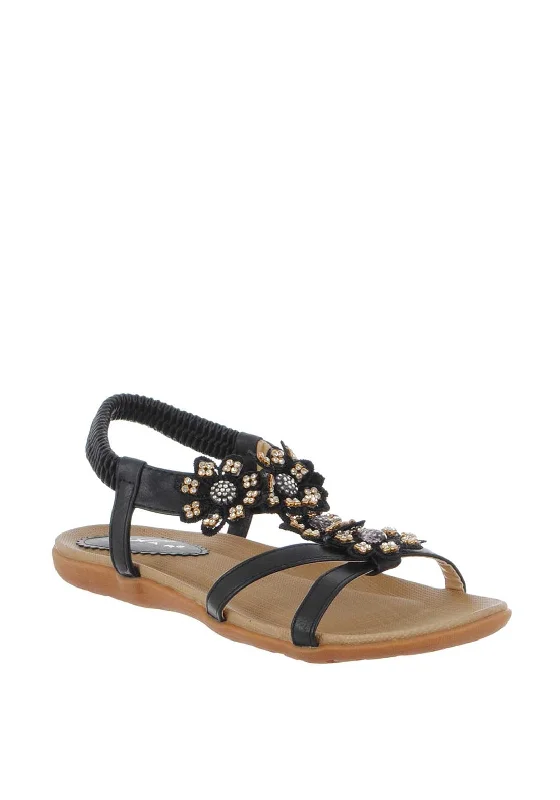 Lunar Fiji Embellished Flower Sandals, Black