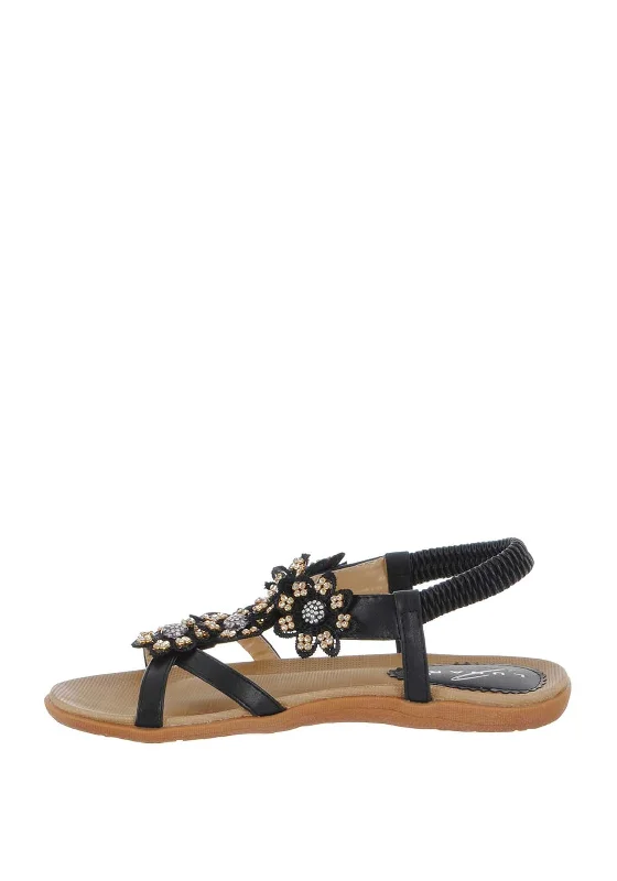 Lunar Fiji Embellished Flower Sandals, Black