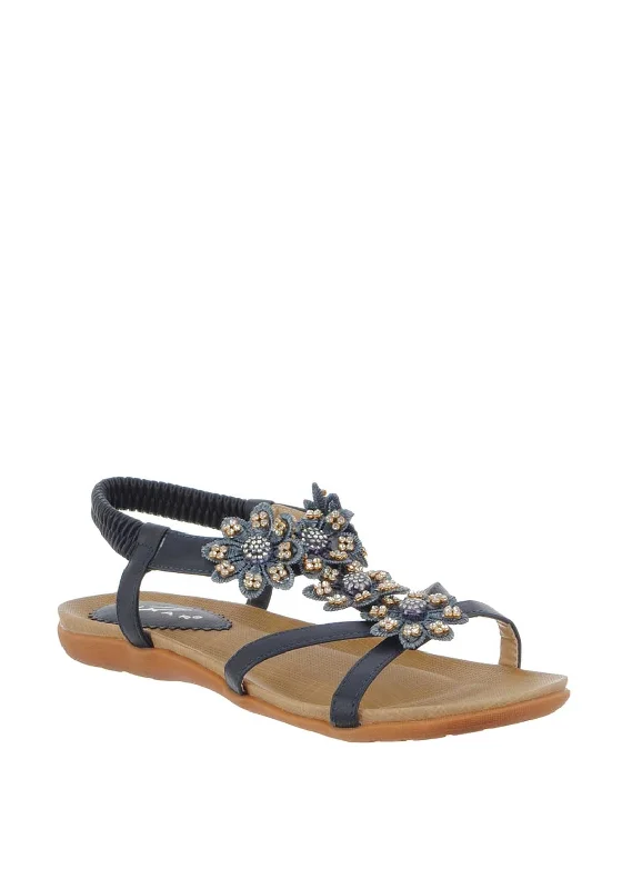 Lunar Fiji Embellished Flower Sandals, Navy