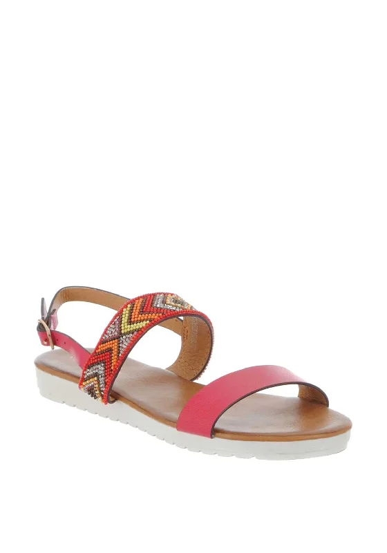 Lunar Sanders Beaded Strap Sandals, Red