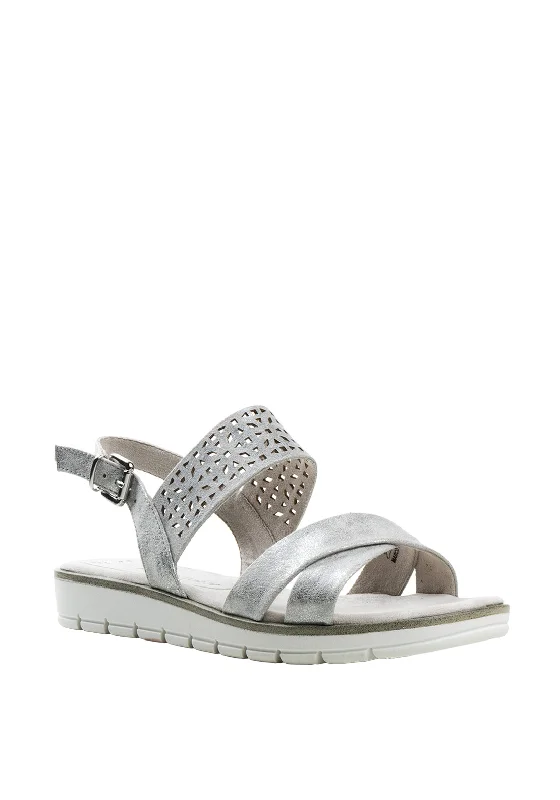 Marco Tozzi Laser Cut Metallic Sandals, Silver