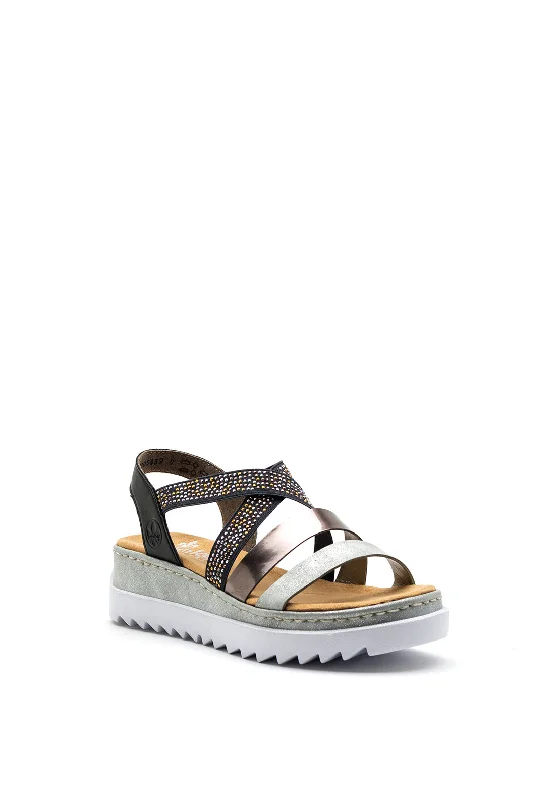 Rieker Womens Metallic Strap Sandals, Grey