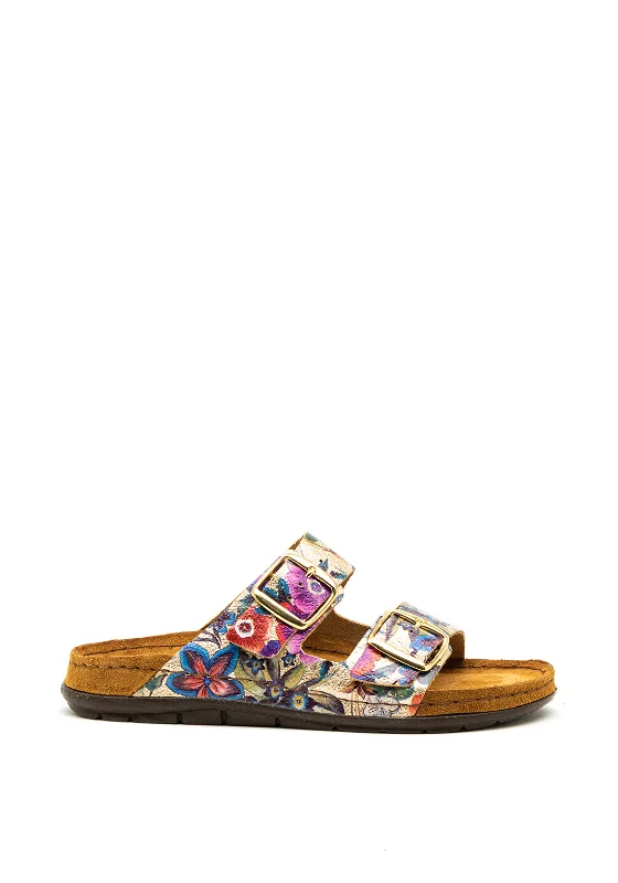 Rohde Floral Print Buckle Chunky Slip on Sandals, Gold Metallic