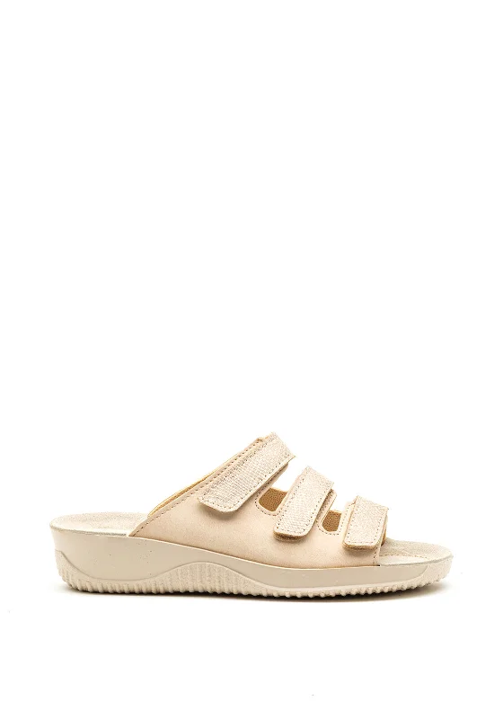 Rohde Leather Velcro Strap Slip on Sandals, Nude