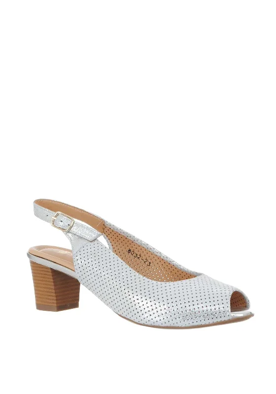 Softmode Leather Metallic Perforated Heeled Shoes, Silver