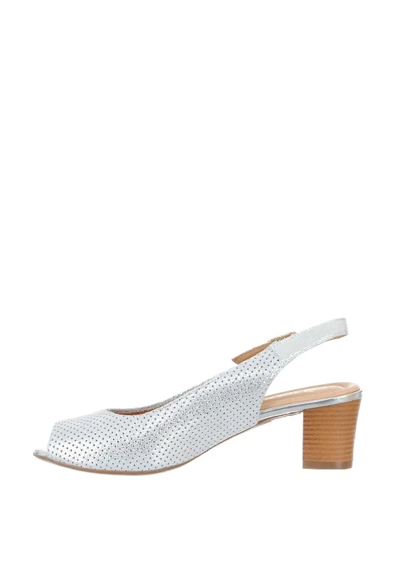 Softmode Leather Metallic Perforated Heeled Shoes, Silver