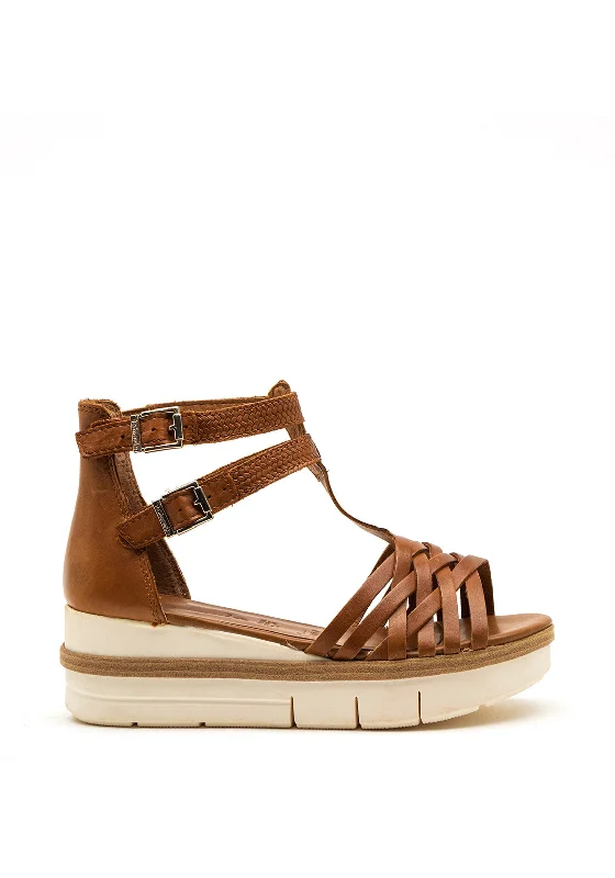 Tamaris Leather Woven Strap Buckle Platform Sandals, Tan