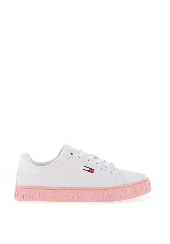 Tommy Jeans Womens Leather Embossed Logo Trainers, White & Pink