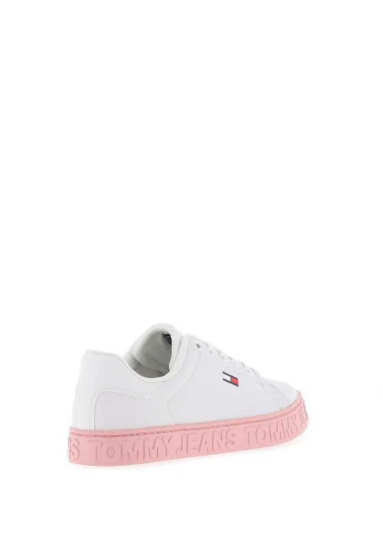 Tommy Jeans Womens Leather Embossed Logo Trainers, White & Pink