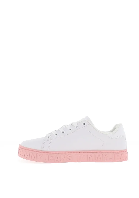 Tommy Jeans Womens Leather Embossed Logo Trainers, White & Pink