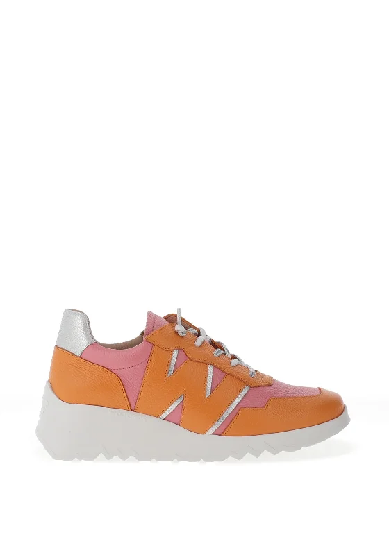 Wonders Leather Wedge Colour Block Trainers, Apricot & Blush