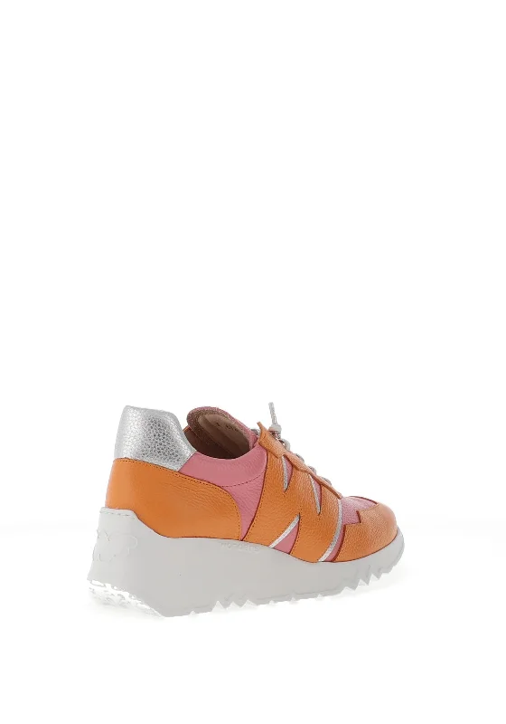 Wonders Leather Wedge Colour Block Trainers, Apricot & Blush