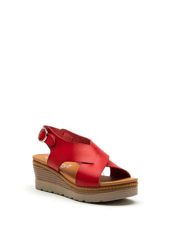 XTI Womens Faux Leather Vegan Wedged Sandals, Red