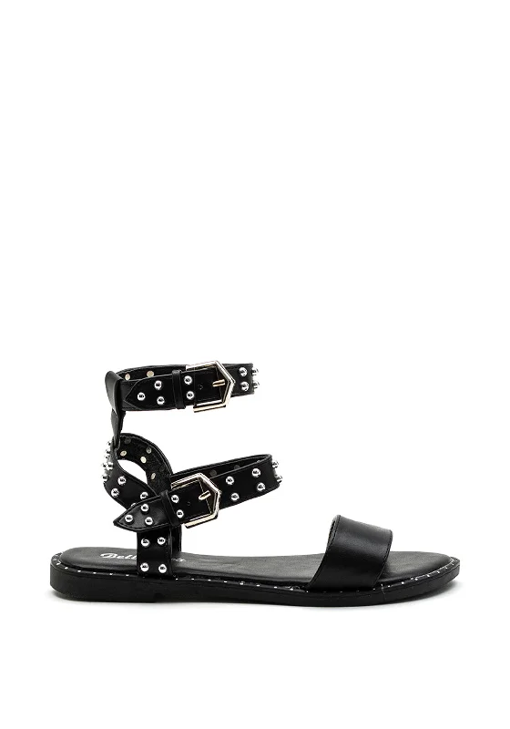 Zen Collection Faux Leather Studded Double Ankle Strap Sandal, Black