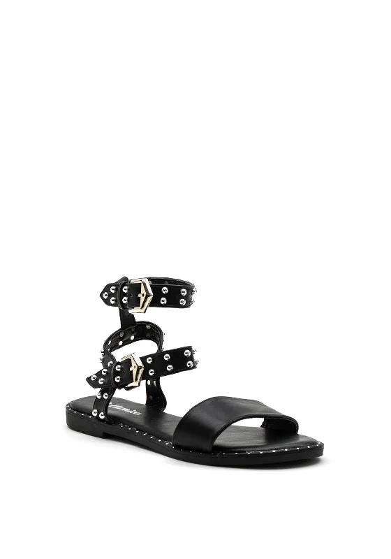 Zen Collection Faux Leather Studded Double Ankle Strap Sandal, Black