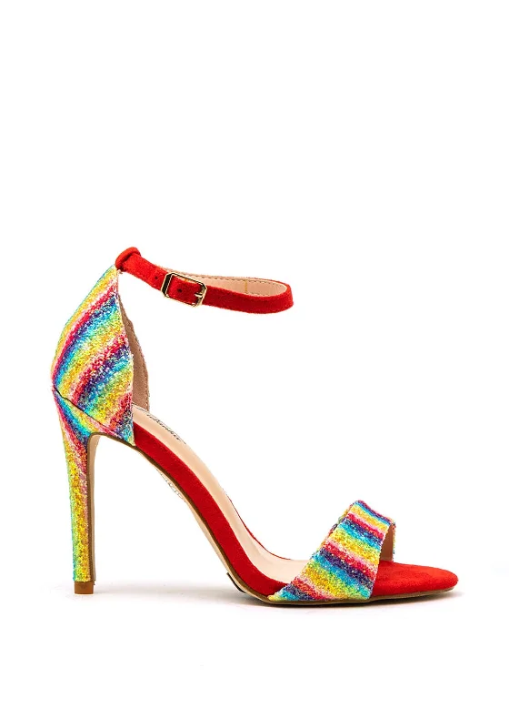 Zen Collection Rainbow Striped Glitter Heeled Sandals, Red