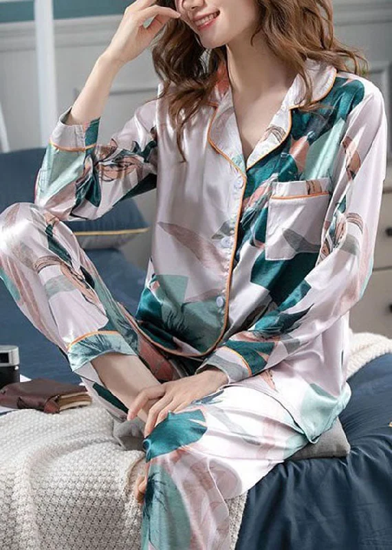 Art Blackish Green Print Ice Silk Two Pieces Set Pajamas Summer