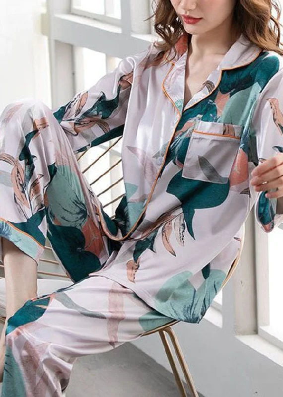 Art Blackish Green Print Ice Silk Two Pieces Set Pajamas Summer