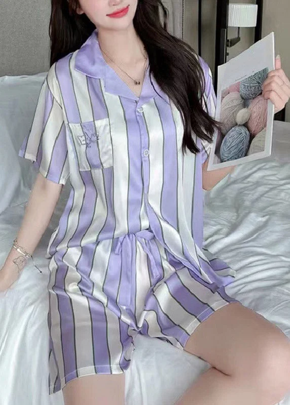 Art Purple Peter Pan Collar Striped Button Ice Silk Pajamas Two Pieces Set Summer