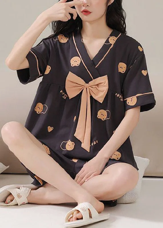 Beautiful Black Wrinkled Print Patchwork Cotton Two Piece Pajamas Summer