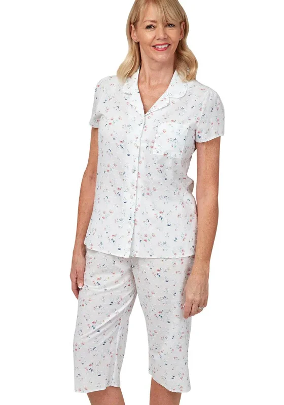 Marlon Floral Cotton Capri Pyjama Set, White & Blue