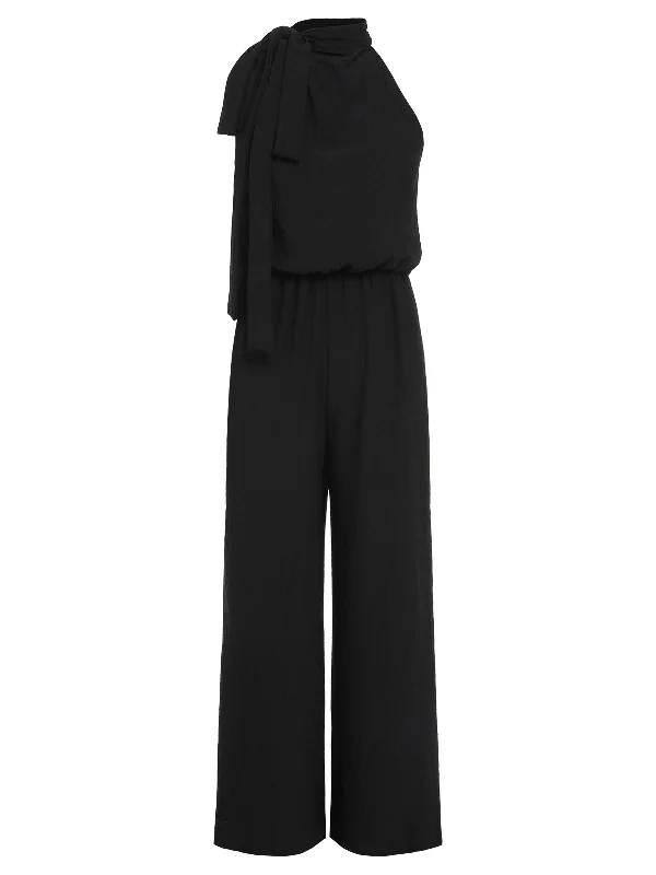 Black 1930s Solid Stand Collar Tie-Up Jumpsuit