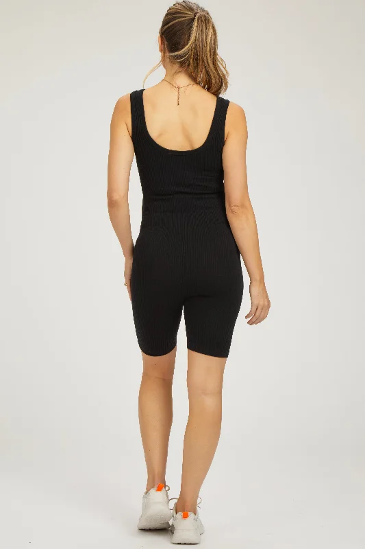 Black Ribbed Sleeveless Fitted Maternity Romper