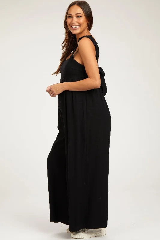 Black Ruffle Trim Back Tie Maternity Jumpsuit