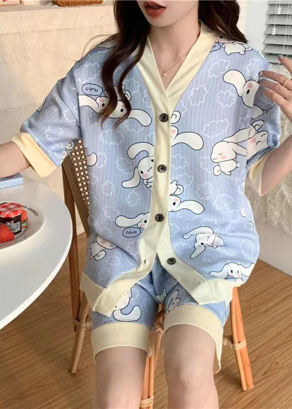 Blue Print Patchwork Cotton Two-Piece Set Pajamas V Neck Summer