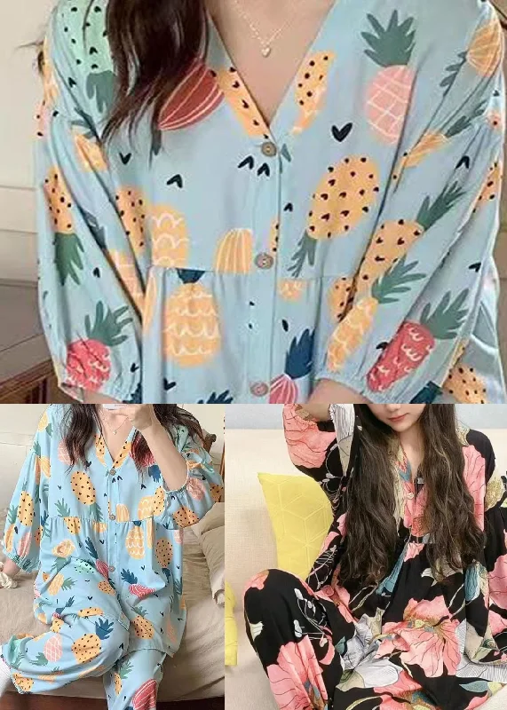 Blue Print Patchwork Cotton Two Pieces Set Pajamas V Neck Summer