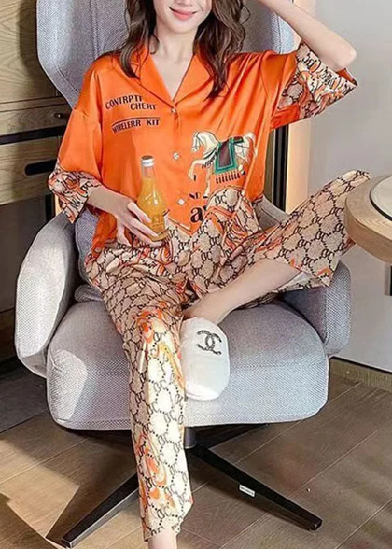 Boutique Orange Peter Pan Collar Print Ice Silk Pajamas Two Piece Set Summer