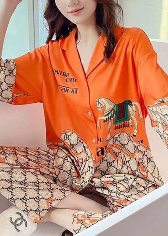 Boutique Orange Peter Pan Collar Print Ice Silk Pajamas Two Piece Set Summer