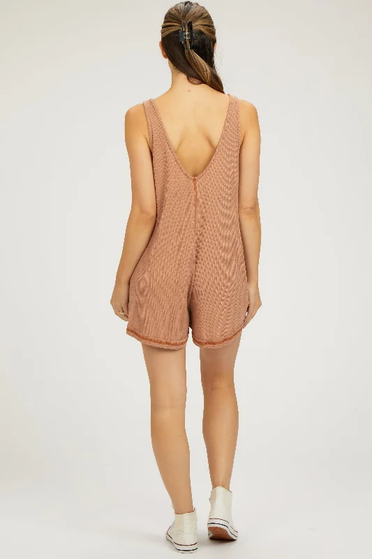 Camel Sleeveless Waffle Knit Maternity Romper