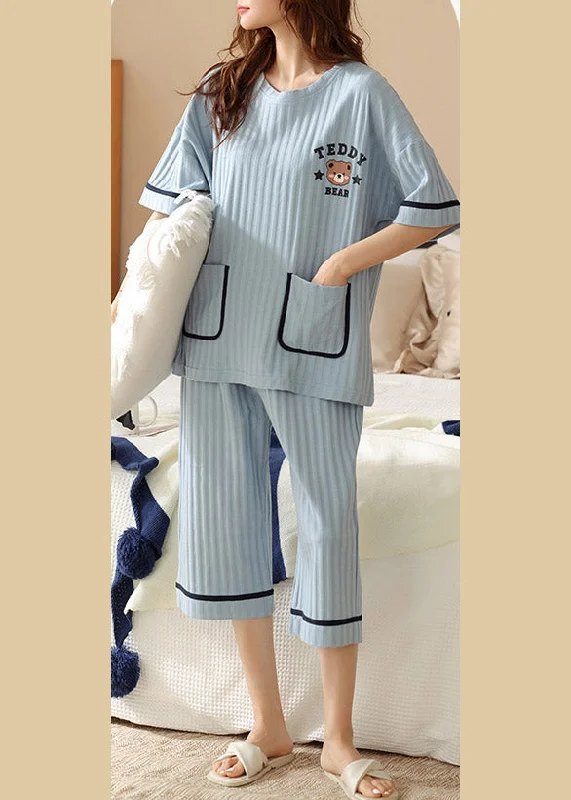 Casual Beige O-Neck Print Cozy Cotton Pajamas Two Pieces Set Summer