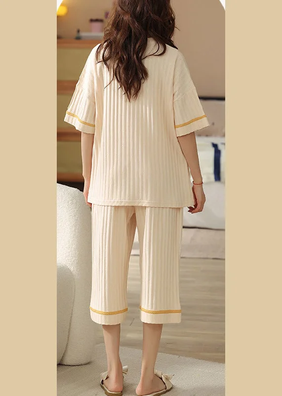 Casual Beige O-Neck Print Cozy Cotton Pajamas Two Pieces Set Summer