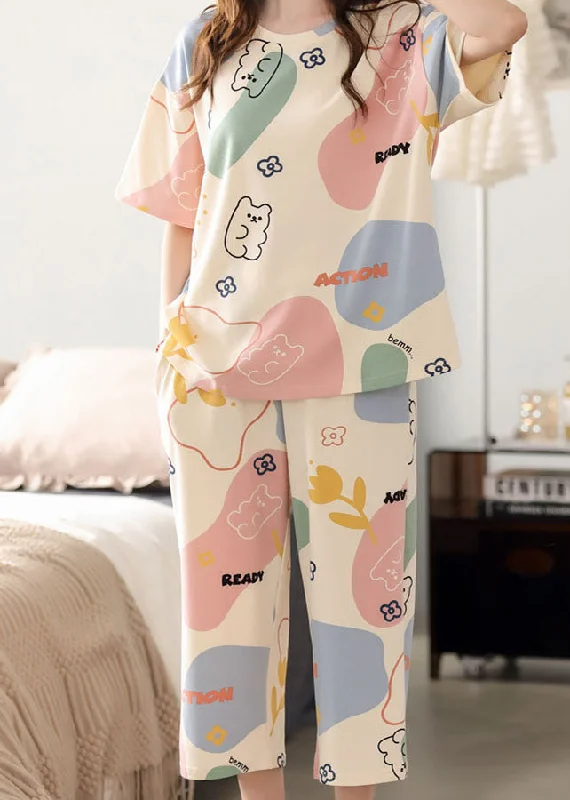 Cute Beige O-Neck Print Cotton Pajamas Two Piece Summer