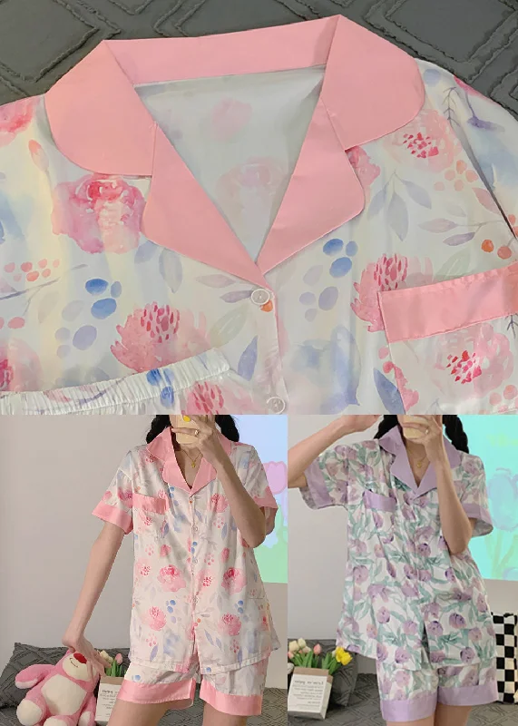 Cute Pink Peter Pan Collar Print Ice Silk Pajamas Two Pieces Set Short Sleeve