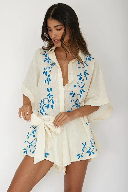 Daytona Beach Button-Up Romper Embroidered Beige