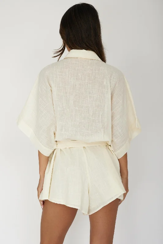 Daytona Beach Button-Up Romper Embroidered Beige