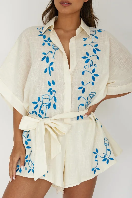 Daytona Beach Button-Up Romper Embroidered Beige